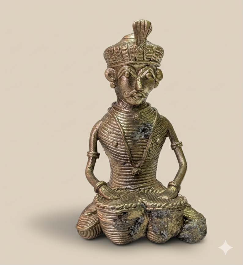 Bronze sculpture of a seated figure with intricate detailing on a beige background
