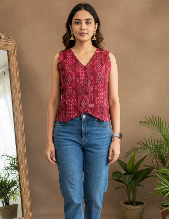 Maroon Sambalpuri Ikkat Vest Top