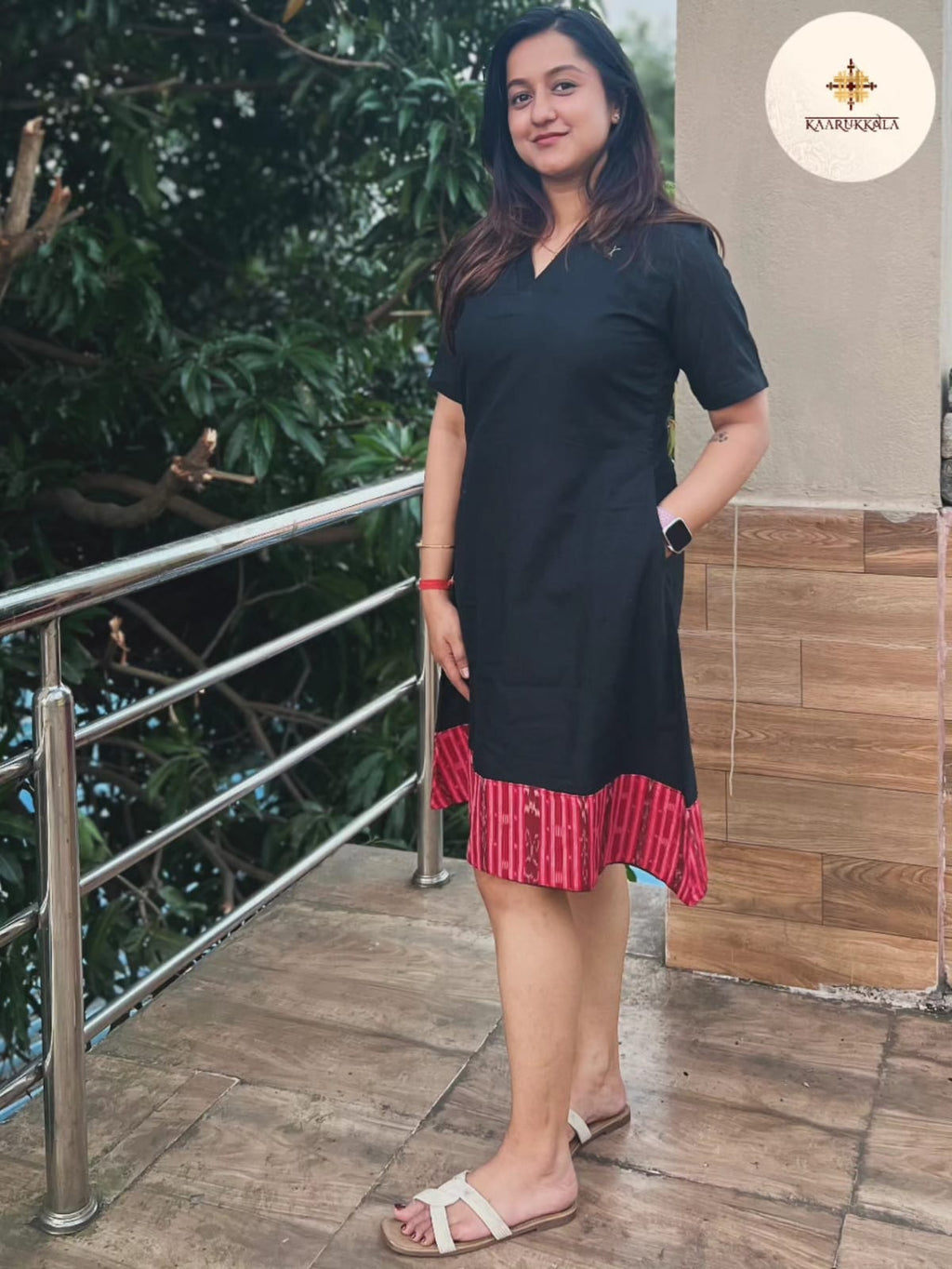 Black Handwoven Cotton Shift Dress with Red Sambalpuri Ikkat Border