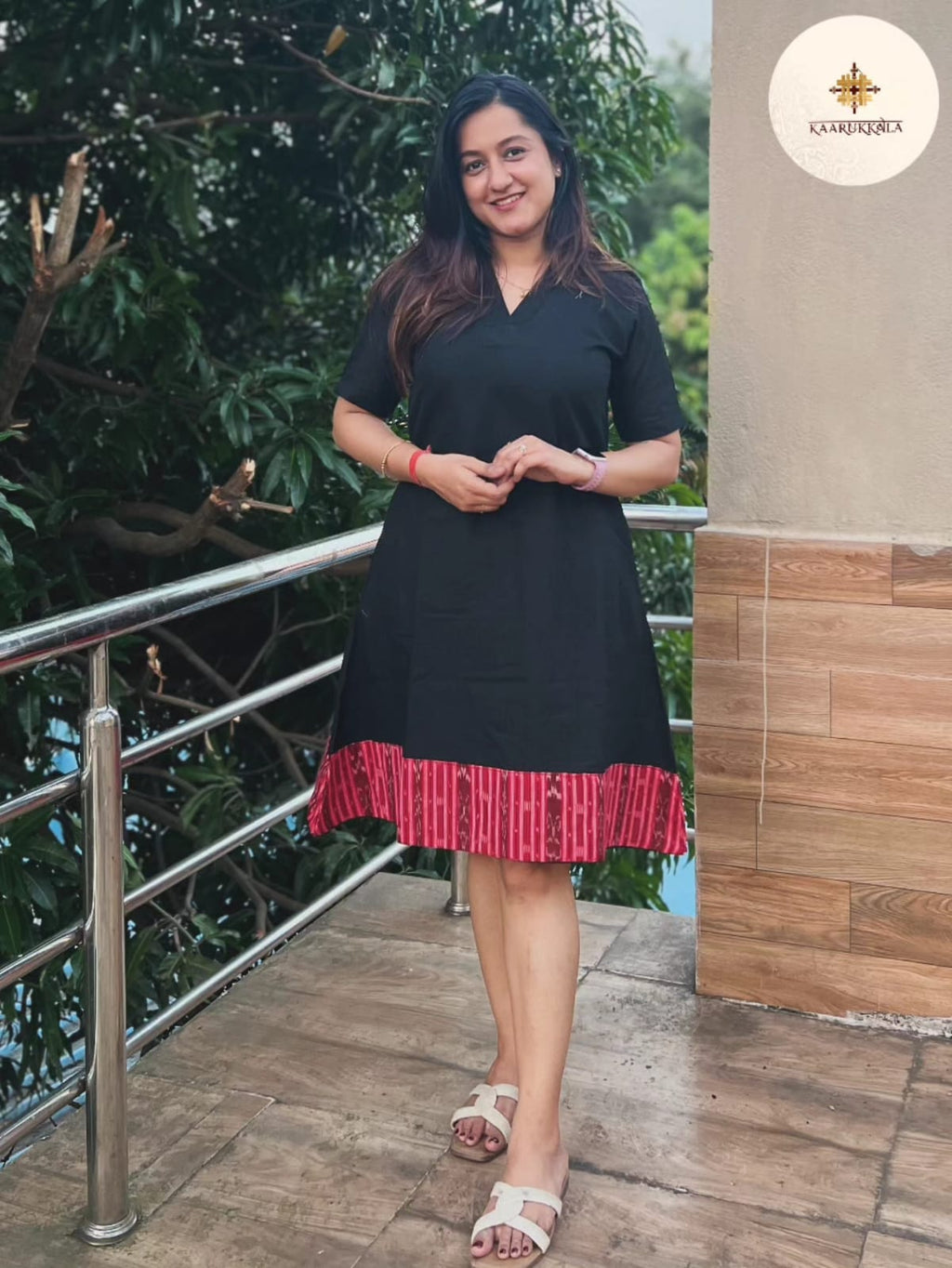 Black Handwoven Cotton Shift Dress with Red Sambalpuri Ikkat Border