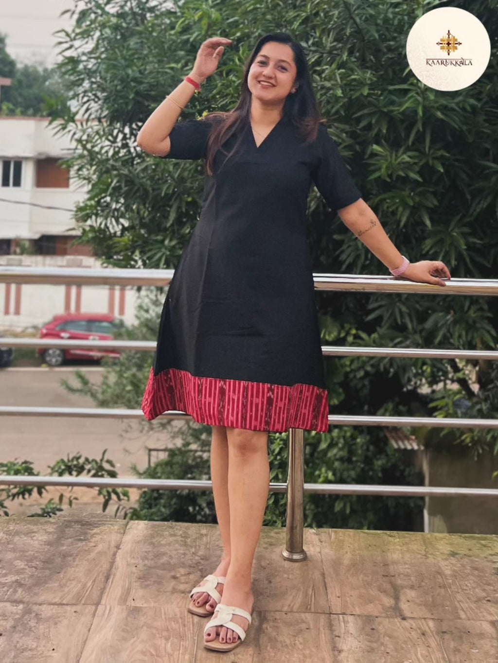 Black Handwoven Cotton Shift Dress with Red Sambalpuri Ikkat Border