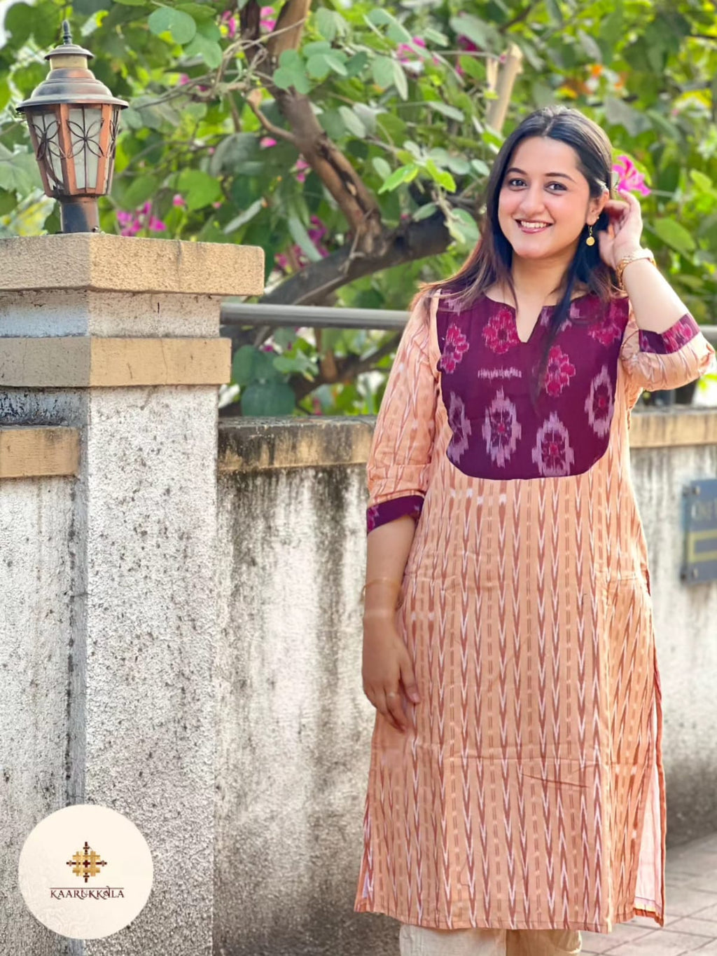 Sambalpuri Beige and Maroon Ikkat Kurta