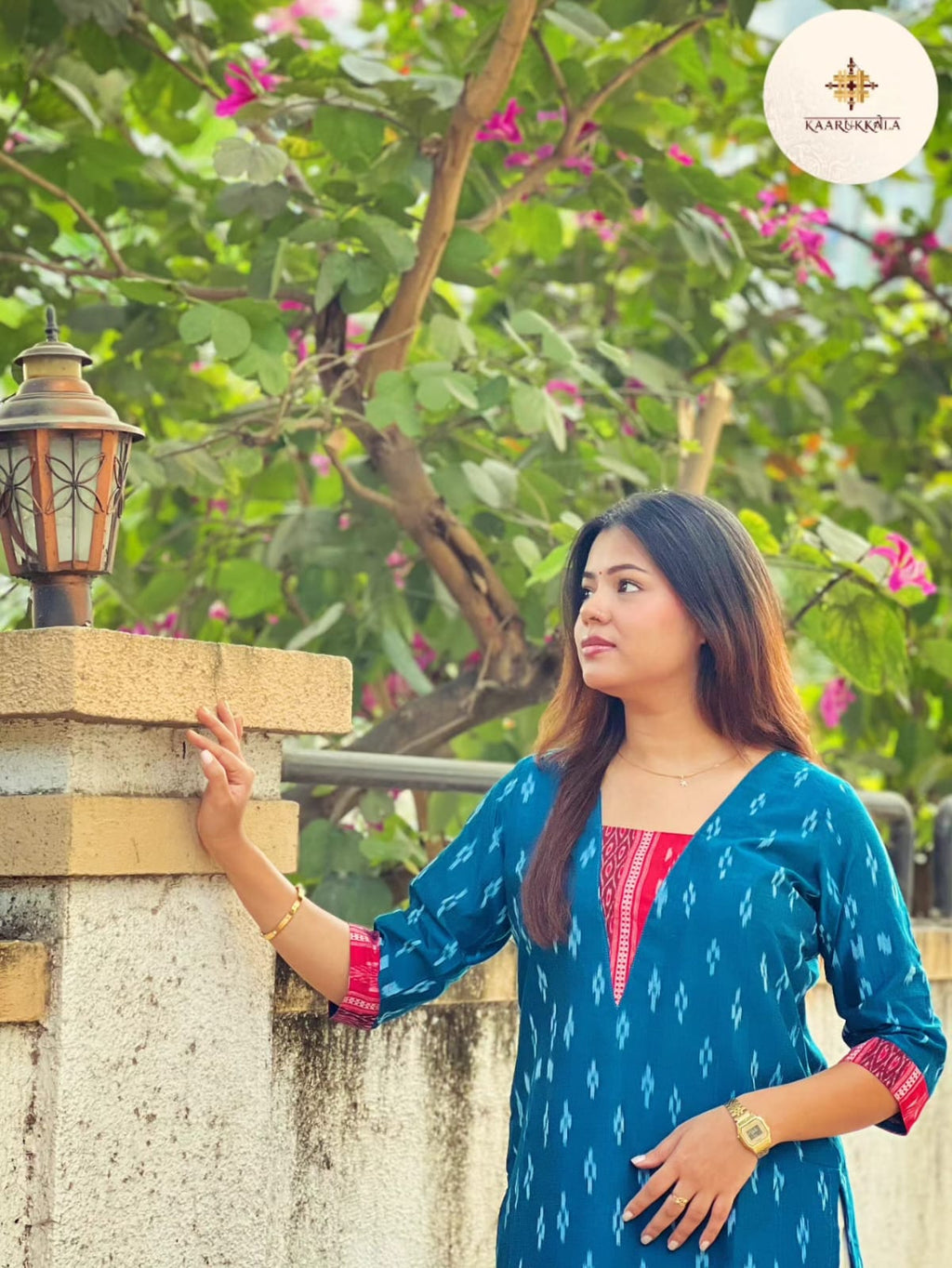 Blue Sambalpuri Kurta with Red Ikkat Highlight