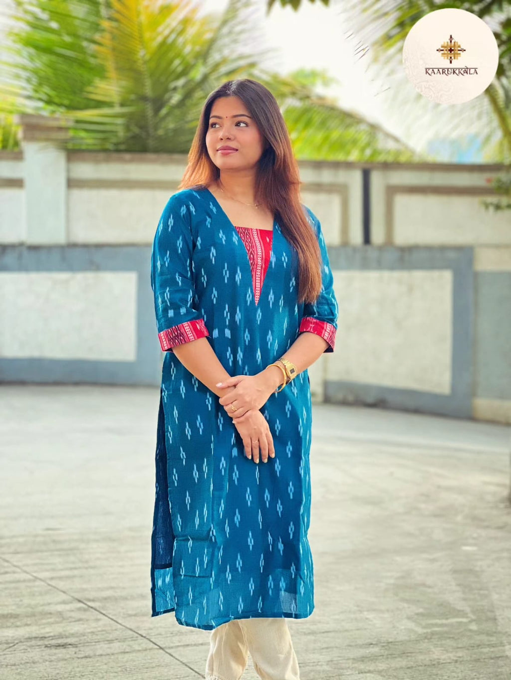 Blue Sambalpuri Kurta with Red Ikkat Highlight