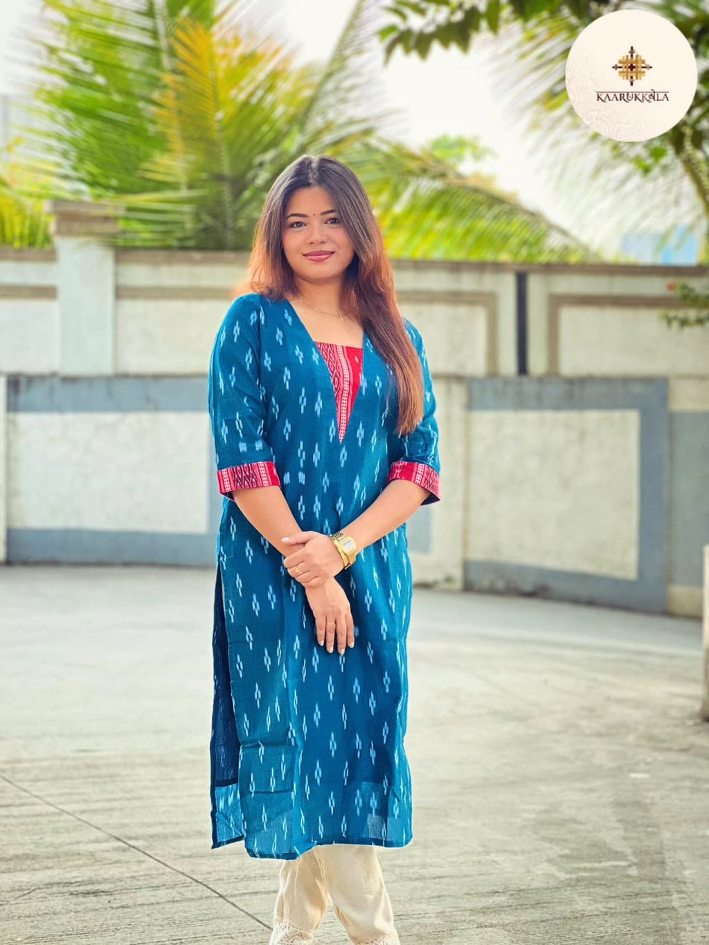 Blue Sambalpuri Kurta with Red Ikkat Highlight