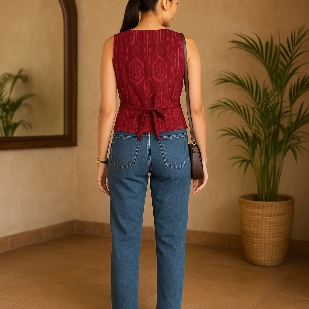 Maroon Sambalpuri Ikkat Vest Top