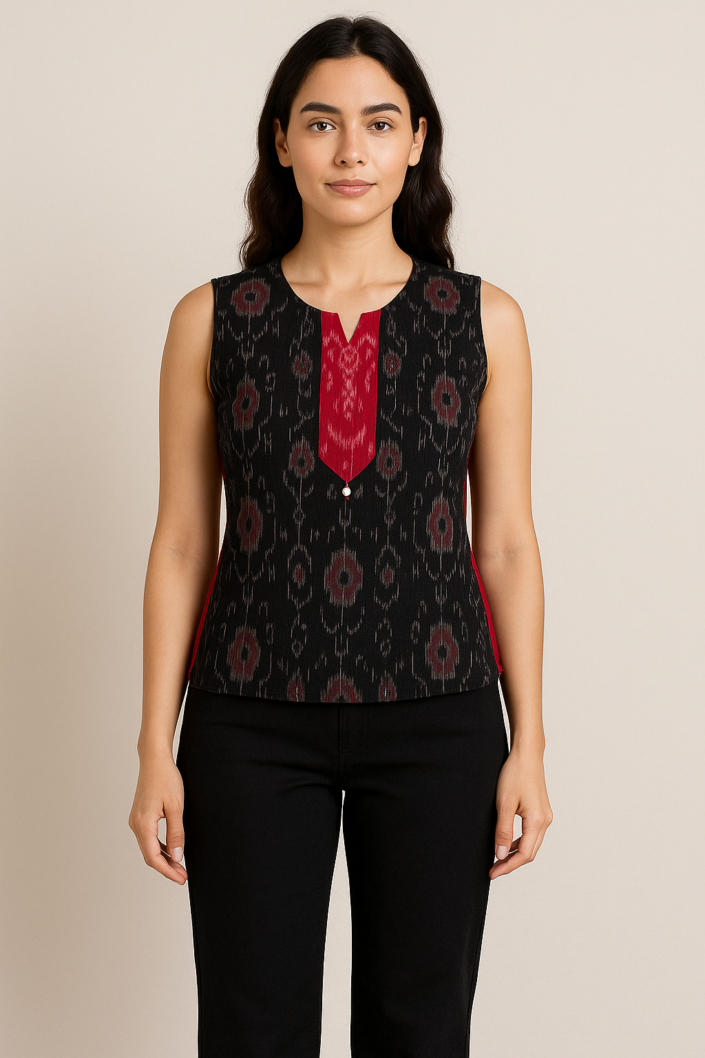 Black Ikkat Top with Red Highlight
