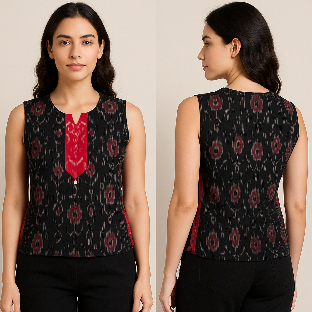 Black Ikkat Top with Red Highlight